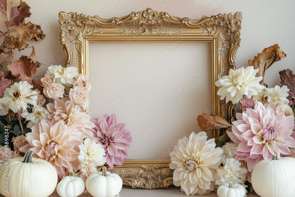 ornate picture frame for halloween or thanksgiving with a pastel beige background, gold and dust pink color scheme, pastel dahlia flowers in the foreground, white small pumpkins, a rich floral arrange ornate picture frame for halloween or thanksgiving with a pastel beige background, gold and dust pink color scheme, pastel dahlia flowers in the foreground, white small pumpkins, a rich floral arrange