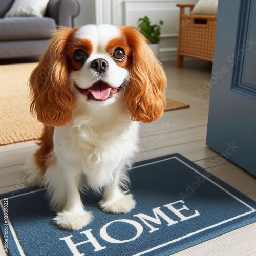 Close-up of a cheerful Cavalier King Charles Spaniel smiling at the camera, standing on a blue doormat with the word 