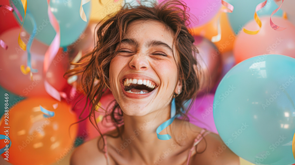 Obraz premium A woman is surrounded by a bunch of colorful balloons and is smiling