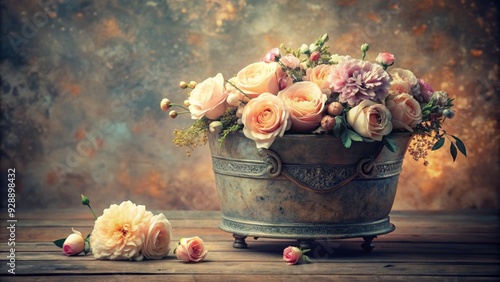 Delicate, pastel-hued flowers spill from a distressed, ornate metal planter, set against a soft, muted background with subtle texture and warm, nostalgic lighting.