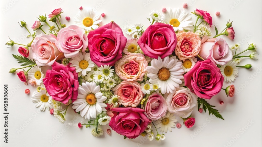 Obraz premium Delicate pink and red roses, daisies, and baby's breath flowers carefully arranged in a whimsical heart shape on a soft, white background.