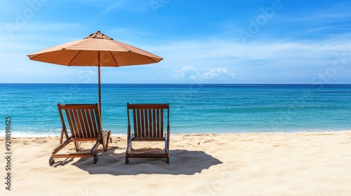 Two parasol umbrellas casting the shadow over the two wooden lounge chairs or easy chairs on an empty sunny sand beach near the blue ocean or sea water on a summer day. Sun protection on a holiday