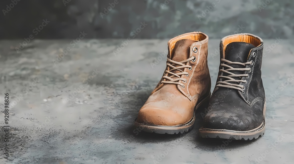 A pair of stylish boots, one brown and one black, resting on a textured surface, perfect for outdoor or casual fashion photography. A pair of stylish boots, one brown and one black, resting on a textured surface, perfect for outdoor or casual fashion photography.