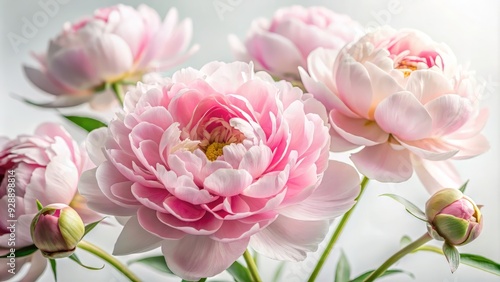 Delicate pink peony blooms against a pristine white background, its lush petals softly curled, evoking elegance and serenity in this stunning floral close-up.