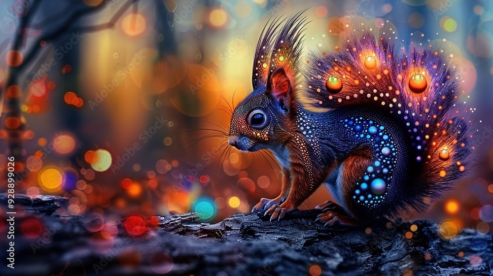 A squirrel perches on a tree stump amidst a forest backdrop, surrounded by softly blurred light A squirrel perches on a tree stump amidst a forest backdrop, surrounded by softly blurred light