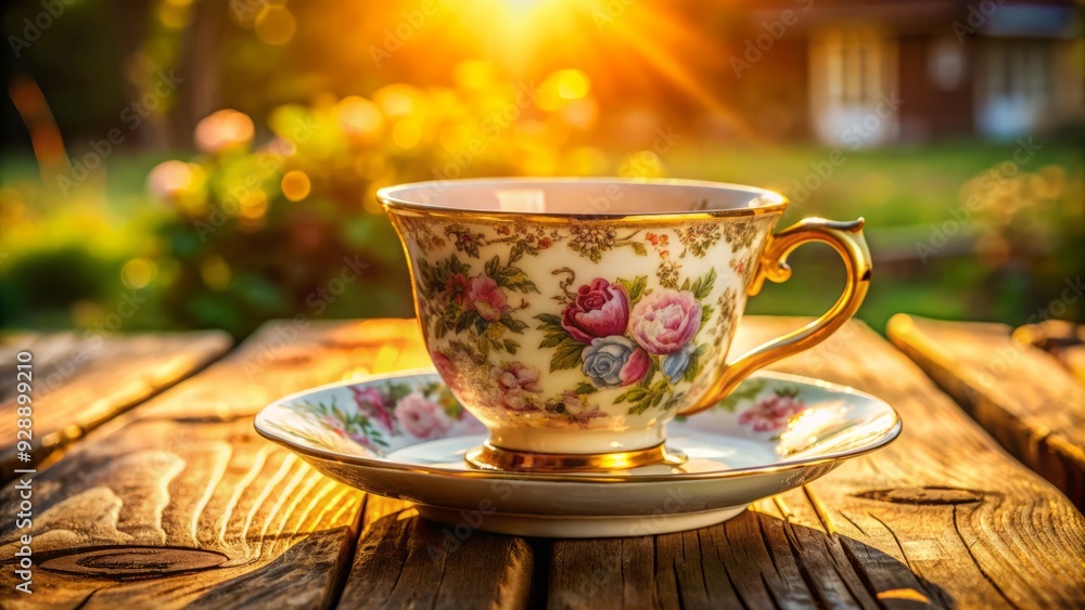 Delicate porcelain cup and saucer set with intricate floral patterns and golden trim, placed on a rustic wooden table surrounded by morning sunlight. Delicate porcelain cup and saucer set with intricate floral patterns and golden trim, placed on a rustic wooden table surrounded by morning sunlight.