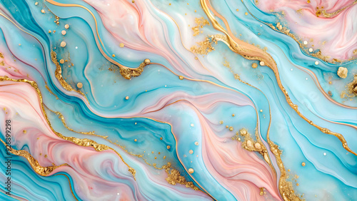 An abstract luxury background featuring pink and blue marble textures with swirling liquid patterns and elegant gold splashes. The combination creates a sophisticated and opulent visual effect.