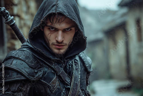 attractive young male assassin , a strong expression on his face, outfit with a hood, daggers in his hands. blurred background of old medieval town,fantasy fictional character