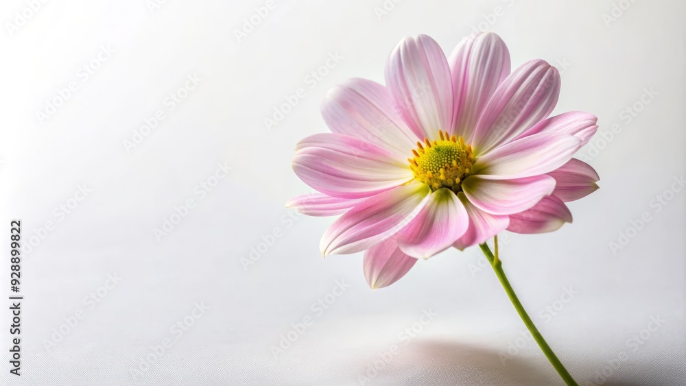Delicate, solitary wildflower with soft pink petals and a yellow center stands tall against a clean, crisp white background, exuding simplicity and serenity. Delicate, solitary wildflower with soft pink petals and a yellow center stands tall against a clean, crisp white background, exuding simplicity and serenity.