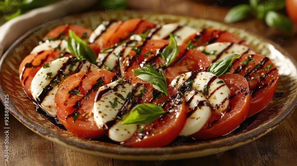Fresh Caprese Salad with Ripe Tomatoes, Sliced Mozzarella, Basil Leaves, and Balsamic Glaze on a Decorative Plate - A Perfect Summer Dish Fresh Caprese Salad with Ripe Tomatoes, Sliced Mozzarella, Basil Leaves, and Balsamic Glaze on a Decorative Plate - A Perfect Summer Dish