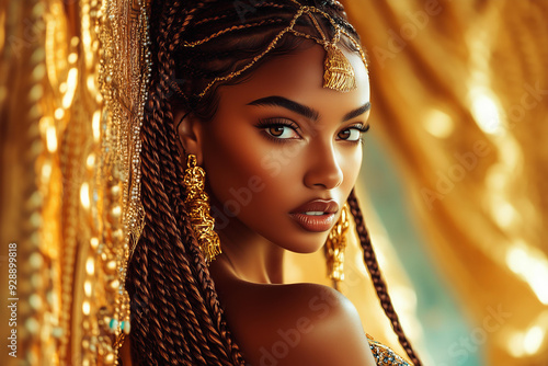 black woman with long braids and a hairless head wears golden earrings and hazel eyes. She is wearing colorful and ornate with a beautiful face and body along with a brown skin tone photo