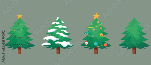 Set of Christmas trees for greeting card, invitation, banner, web. Decorative winter objects - a star, toys, garlands. Vector illustration