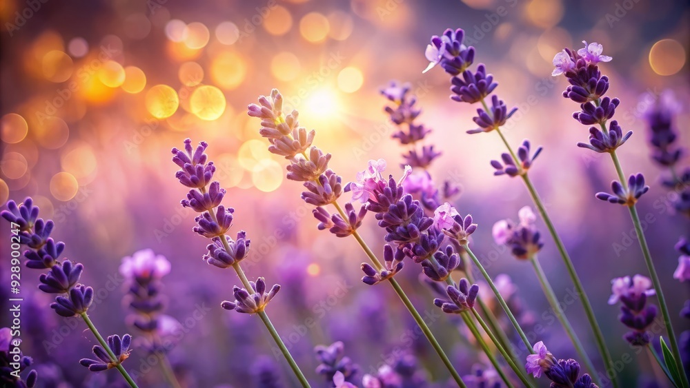 Naklejka premium Delicate, velvety purple lavender petals with subtle, intricate details and soft, gentle focus, illuminated by warm, natural light, against a blurred, bokeh background.