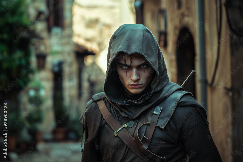 attractive young male assassin , a strong expression on his face, outfit with a hood, daggers in his hands. blurred background of old medieval town,fantasy fictional character attractive young male assassin , a strong expression on his face, outfit with a hood, daggers in his hands. blurred background of old medieval town,fantasy fictional character