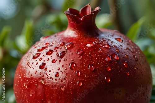 vibrant and juicy pomegranate bursting with ruby red seeds, dripping with sweet and tangy juice, ready to be plucked from the tree.