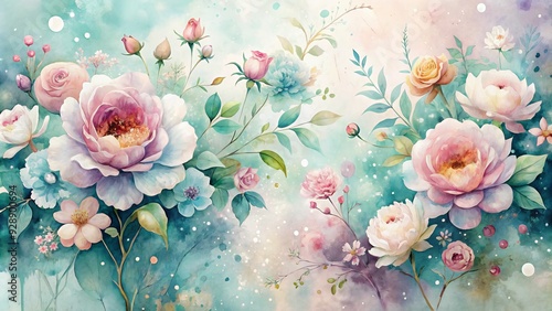 Delicate watercolor florals in pastel hues dance across a soft, dreamy background, adorned with elegant splatters and subtle texture, evoking a whimsical, ethereal atmosphere.