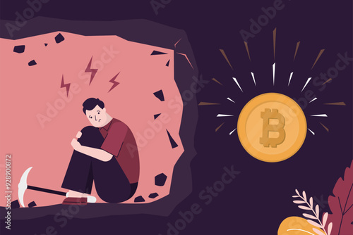 Businessman fail work on digging bitcoin. Unsuccessful virtual cryptocurrency mining concept. Miner loser sitting with pickaxe in cave. Bitcoin price drops, annoyance, panic