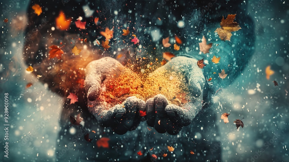 A person holding their hands up in the snow as leaves fall around them A person holding their hands up in the snow as leaves fall around them