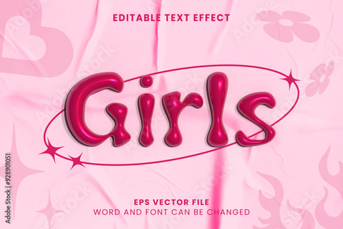 Girls 3d glossy pink holographic inflated editable vector text effect