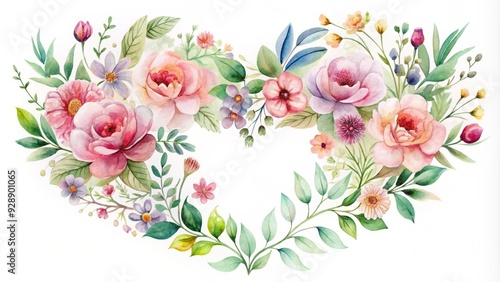 Delicate watercolor heart shape surrounded by blooming floral patterns and soft, whimsical tendrils, evoking a sense of romantic elegance and gentle femininity.