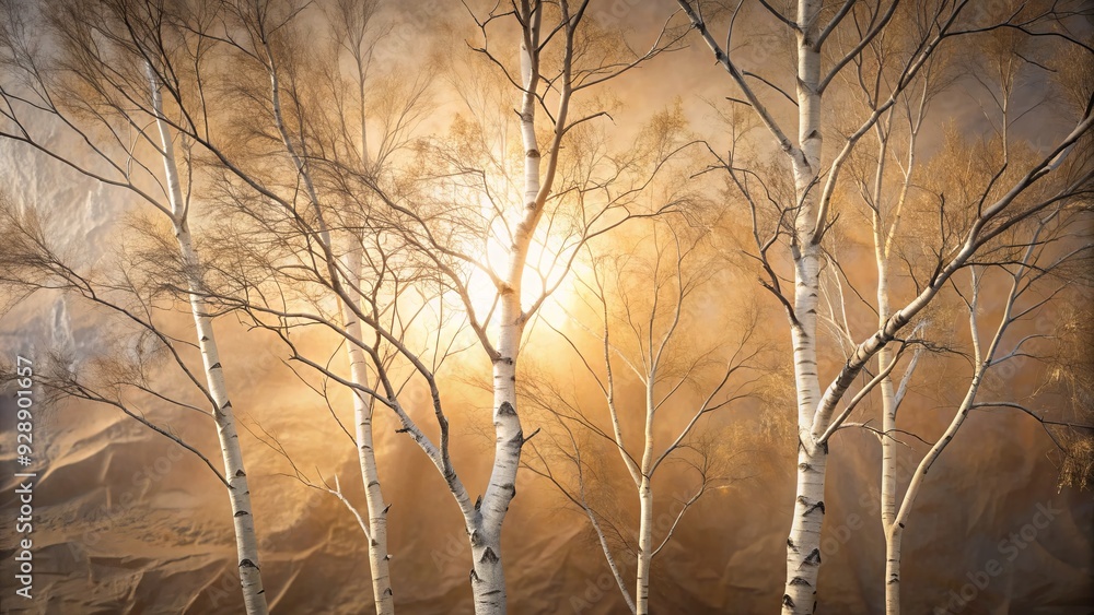 Delicate white birch tree branches eerily illuminated on a foggy