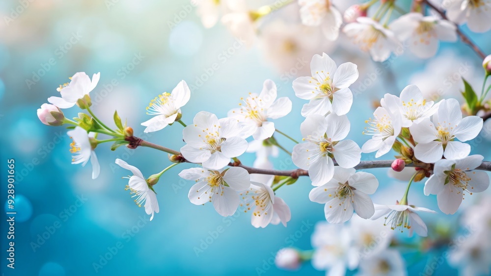 Delicate white cherry blossoms bloom against a soft, serene blue background, symbolizing the gentle arrival of spring in a minimalist and peaceful atmosphere. Delicate white cherry blossoms bloom against a soft, serene blue background, symbolizing the gentle arrival of spring in a minimalist and peaceful atmosphere.