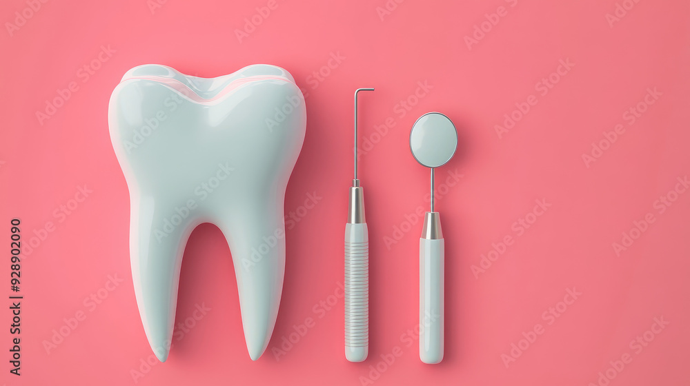 Dental care tools, a large tooth model alongside a dental mirror and scaler, bright pink background, emphasizing oral hygiene and dental health awareness. Dental care tools, a large tooth model alongside a dental mirror and scaler, bright pink background, emphasizing oral hygiene and dental health awareness.