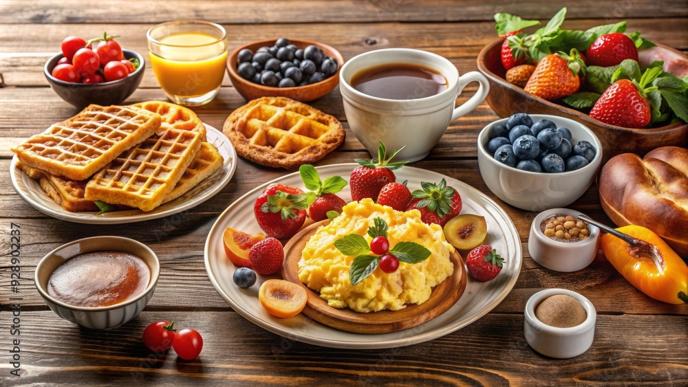 Delicious assortment of breakfast menu items including scrambled eggs, crispy bacon, pancakes, waffles, fresh fruit, and steaming hot coffee on a wooden table. Delicious assortment of breakfast menu items including scrambled eggs, crispy bacon, pancakes, waffles, fresh fruit, and steaming hot coffee on a wooden table.