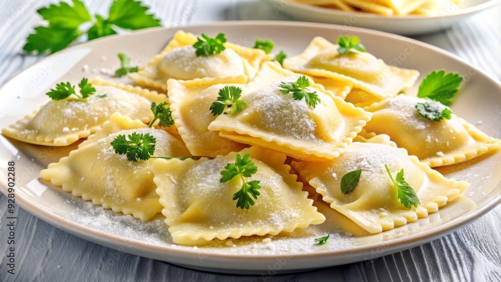 Delicious frozen ravioli arranged on a white plate, garnished with chopped fresh parsley and a sprinkle of grated Parmesan cheese, against a clean background. Delicious frozen ravioli arranged on a white plate, garnished with chopped fresh parsley and a sprinkle of grated Parmesan cheese, against a clean background.