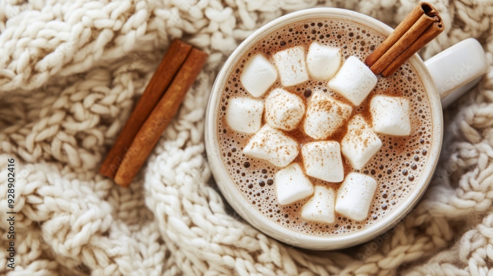 A mug filled with rich hot cocoa is adorned with fluffy marshmallows and a cinnamon stick, resting on a cozy knit blanket. A mug filled with rich hot cocoa is adorned with fluffy marshmallows and a cinnamon stick, resting on a cozy knit blanket.
