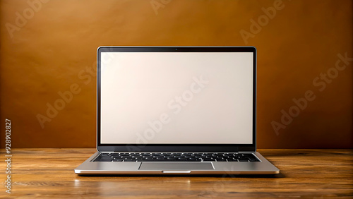 laptop on a wooden table with white screen 