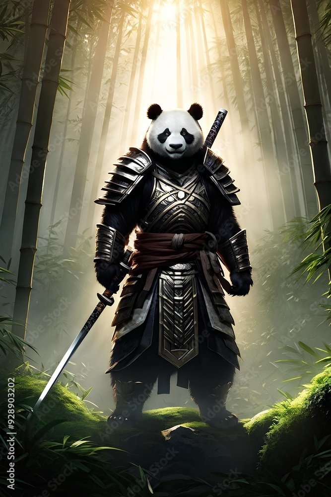 Panda samurai standing majestically in a lush bamboo forest