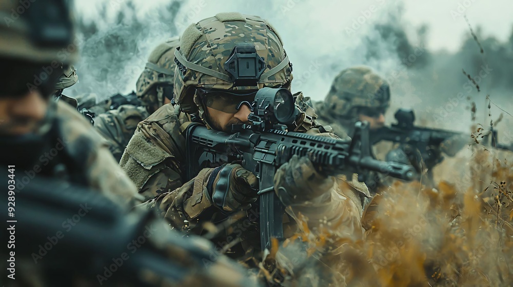 Action-packed scene with soldiers advancing through fog and foliage, aiming rifles in a military training exercise. Action-packed scene with soldiers advancing through fog and foliage, aiming rifles in a military training exercise.