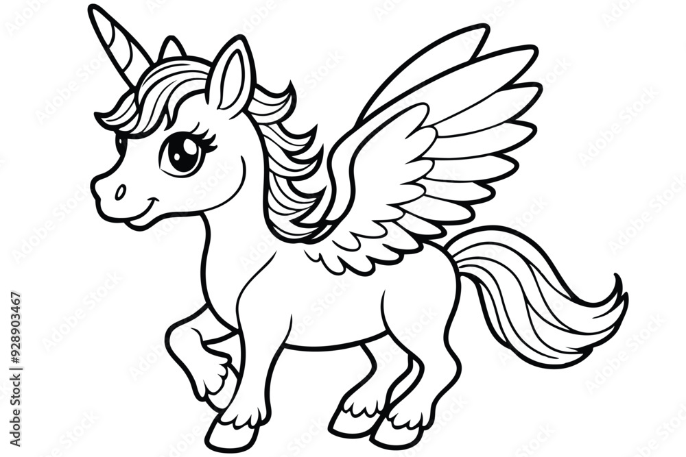 Baby unicorn with wings line art vector illustration Baby unicorn with wings line art vector illustration
