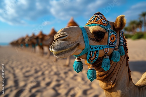 A close-up of the ornate, traditional decorations on the camels in a caravan, highlighting the cultural richness and craftsmanship photo