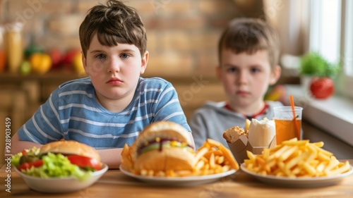 An overweight child with a plate of fast food, contrasted with an active child enjoying a healthy meal