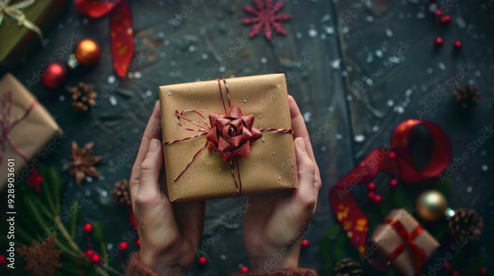 Craft gift box in hands top view background illustration generated by ai Craft gift box in hands top view background illustration generated by ai