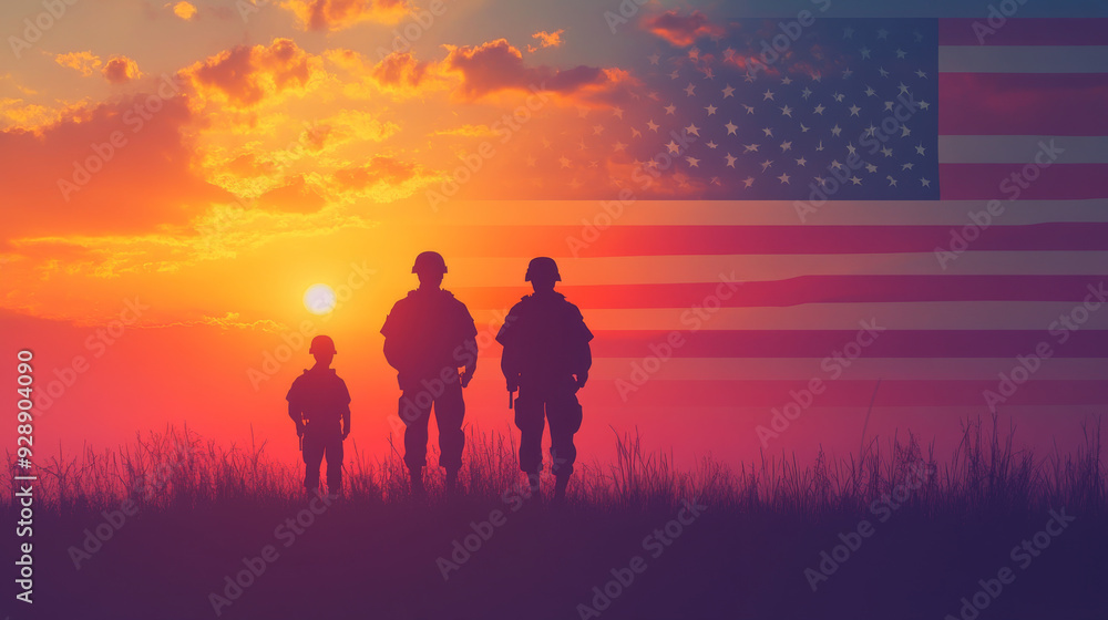 Silhouettes of soldiers set against the backdrop of the USA flag with a sunset or sunrise. Represents a concept for national holidays or a Commemoration Day. Silhouettes of soldiers set against the backdrop of the USA flag with a sunset or sunrise. Represents a concept for national holidays or a Commemoration Day.
