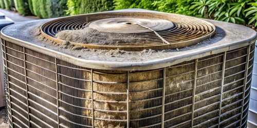 Dirty air conditioner condenser coil covered in thick dust and dirt, needing maintenance cleaning to improve efficiency and airflow in a warm summer season.