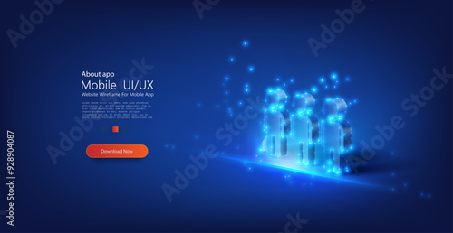 Futuristic glowing human figures in blue, representing digital technology, innovation, virtual communication. Abstract vector illustration with neon light effects, symbolizing modern tech advancements