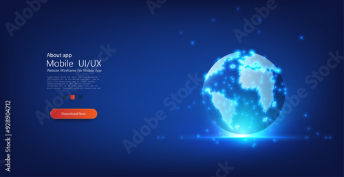 This stunning captures a digital representation of the Earth glowing with neon blue lights, highlighting major cities and continents in a modern and futuristic style. Earth. Low poly blue.