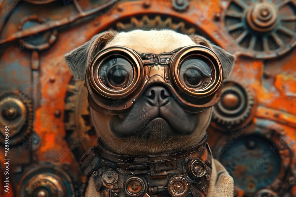 Obraz premium A charming pug adorned with steampunk goggles, set against a backdrop of intricate gears and mechanisms.