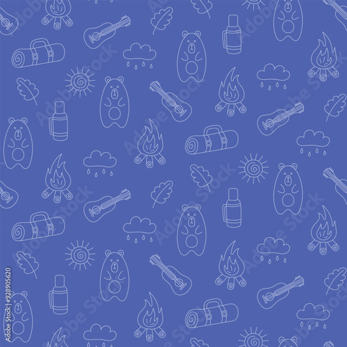 Seamless Doodle Style Pattern with Bear and Bonfire on Blue Background. Hand drawn. For textiles, clothes, backgrounds, postcards. Travel, hiking and camping concept. Vector illustration.