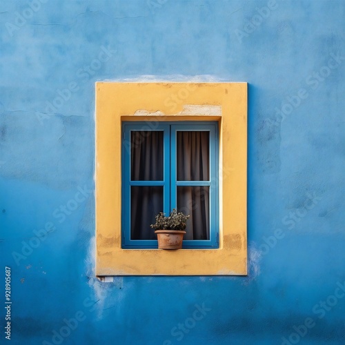 a blue window with a potted plant on the ledge