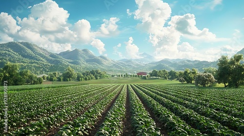 Organic farm, lush green fields with crops, 3D illustration