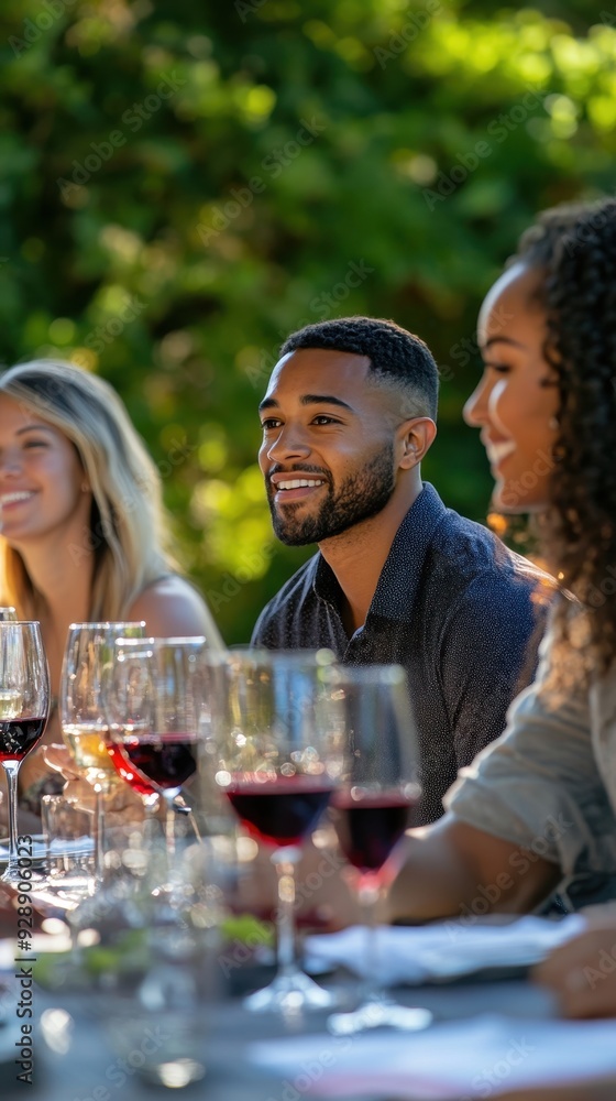 A group of friends shares laughter while dining at a table filled with red wine and delicious food A group of friends shares laughter while dining at a table filled with red wine and delicious food