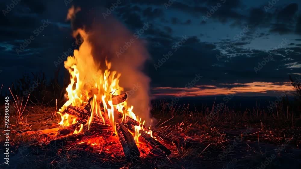 Bonfire burning on meadow at sunset with orange flames