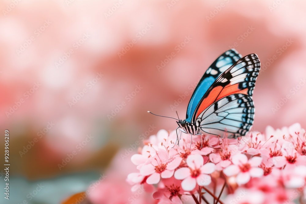 A vibrant butterfly perched on delicate pink flowers, showcasing nature's beauty in a soft, colorful environment. A vibrant butterfly perched on delicate pink flowers, showcasing nature's beauty in a soft, colorful environment.