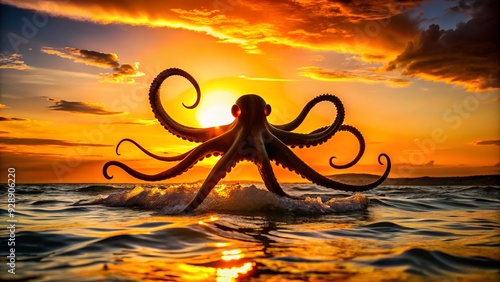 Dramatic black octopus silhouette against a vibrant orange sunset, with tentacles stretched outwards, creating a striking contrast in this underwater seascape photography. photo