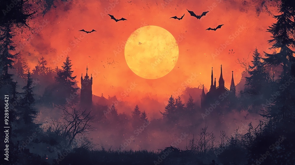 Spooky Halloween night scene with a full moon, bats, and a castle in the distance. Spooky Halloween night scene with a full moon, bats, and a castle in the distance.